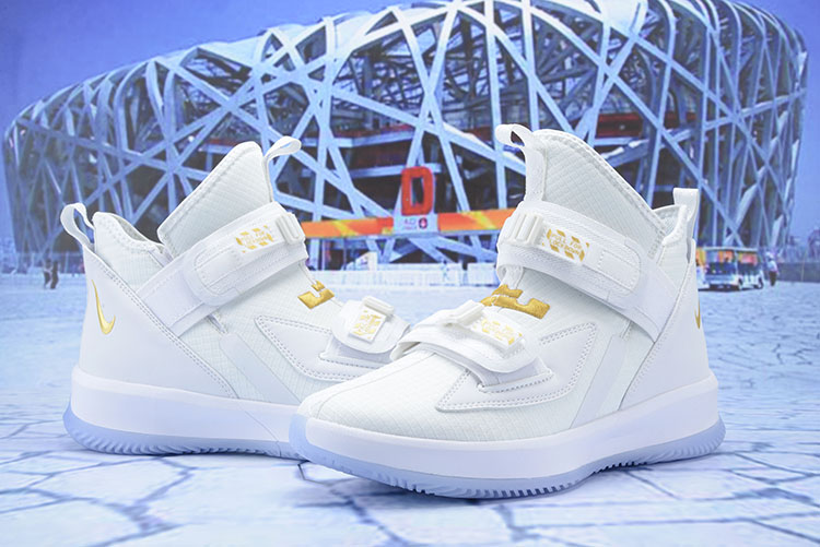 2019 Men Nike Lebron James Soldier XIII White Gold Shoes - Click Image to Close